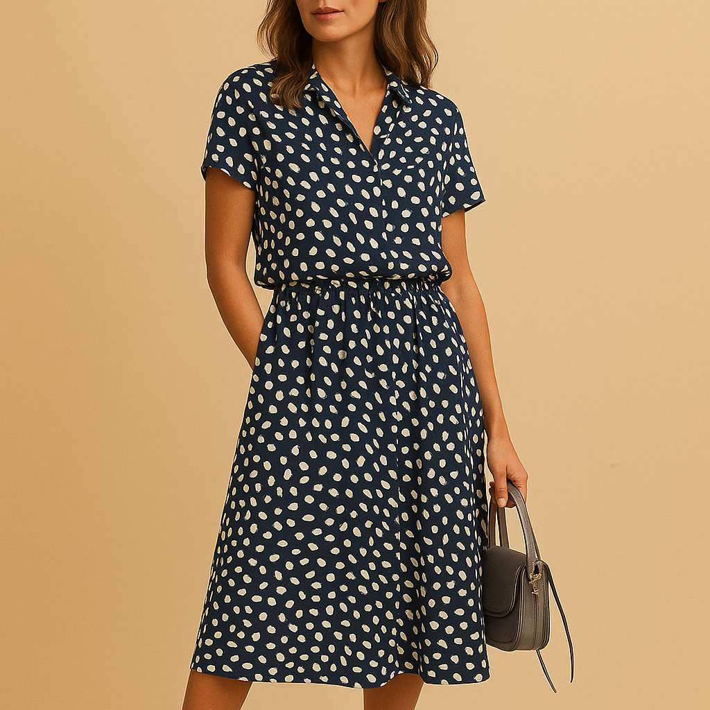 Light and airy A-line midi dress for women with V-neck, short sleeves, and playful button details, ideal for summer, casual wear, or chic occasions.