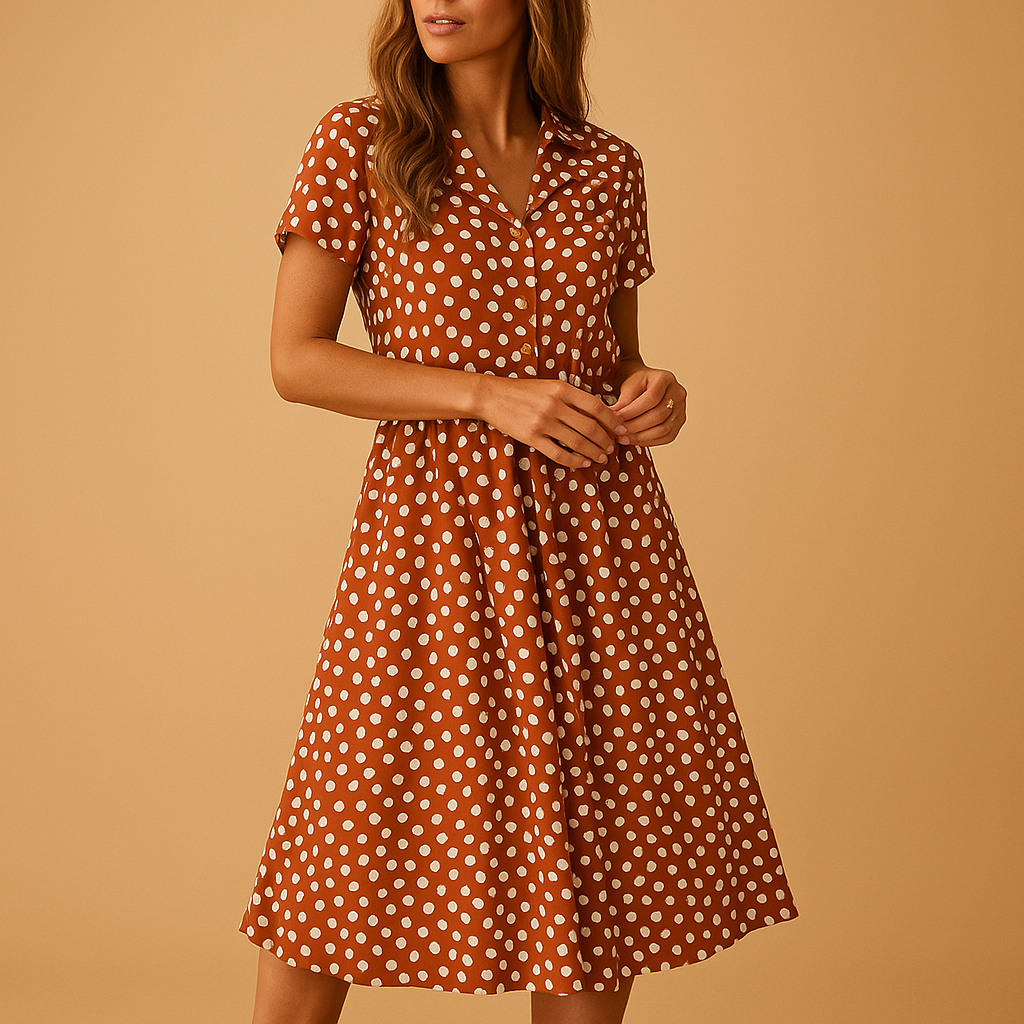 Light and airy A-line midi dress for women with V-neck, short sleeves, and playful button details, ideal for summer, casual wear, or chic occasions.