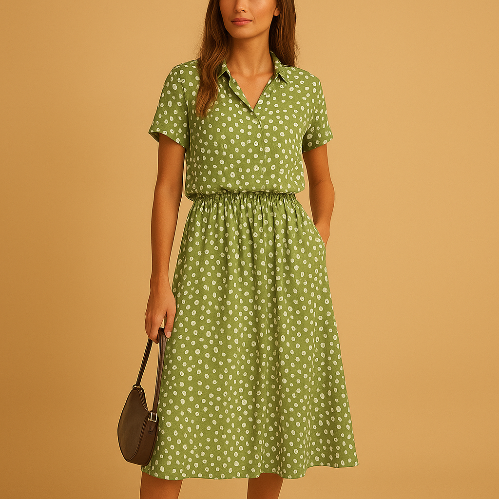 Light and airy A-line midi dress for women with V-neck, short sleeves, and playful button details, ideal for summer, casual wear, or chic occasions.