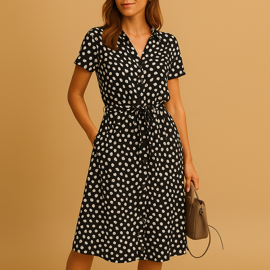 Light and airy A-line midi dress for women with V-neck, short sleeves, and playful button details, ideal for summer, casual wear, or chic occasions.