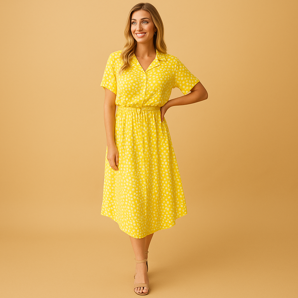 Light and airy A-line midi dress for women with V-neck, short sleeves, and playful button details, ideal for summer, casual wear, or chic occasions.