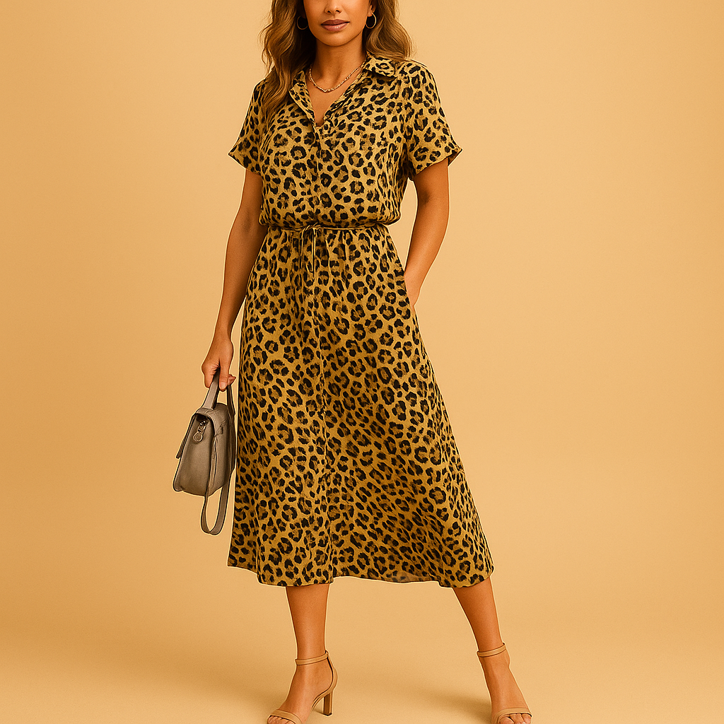 Light and airy A-line midi dress for women with V-neck, short sleeves, and playful button details, ideal for summer, casual wear, or chic occasions.
