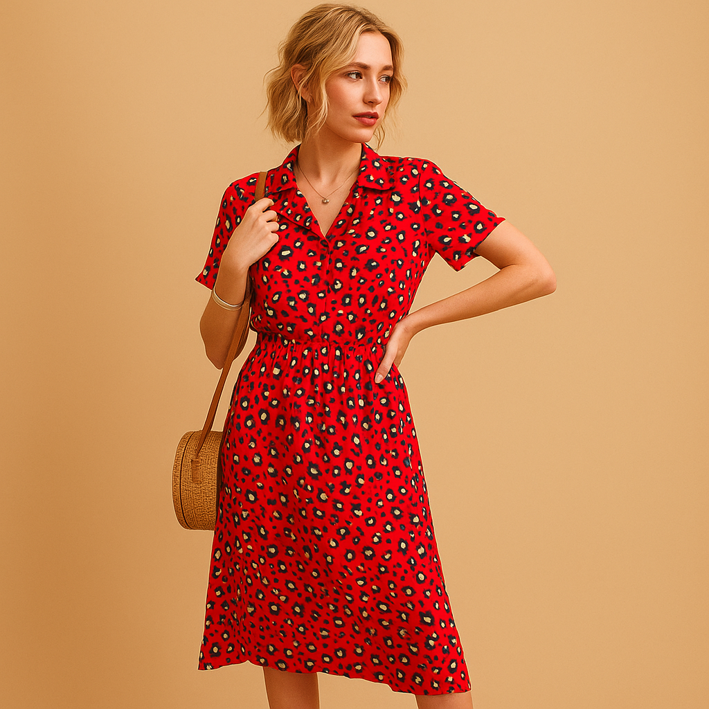 Light and airy A-line midi dress for women with V-neck, short sleeves, and playful button details, ideal for summer, casual wear, or chic occasions.