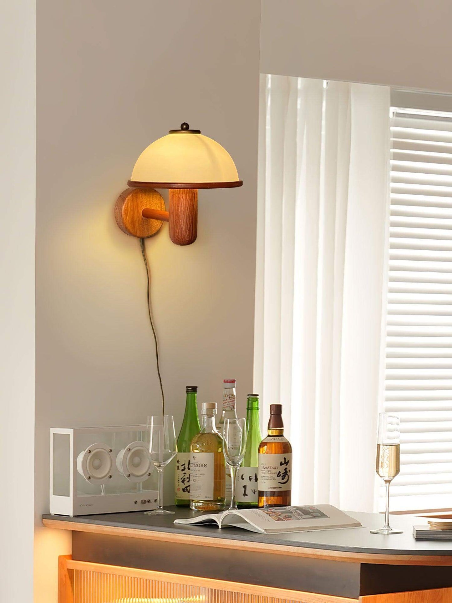 Rustic Wooden Fungi Wall Lamp with Cream Shade