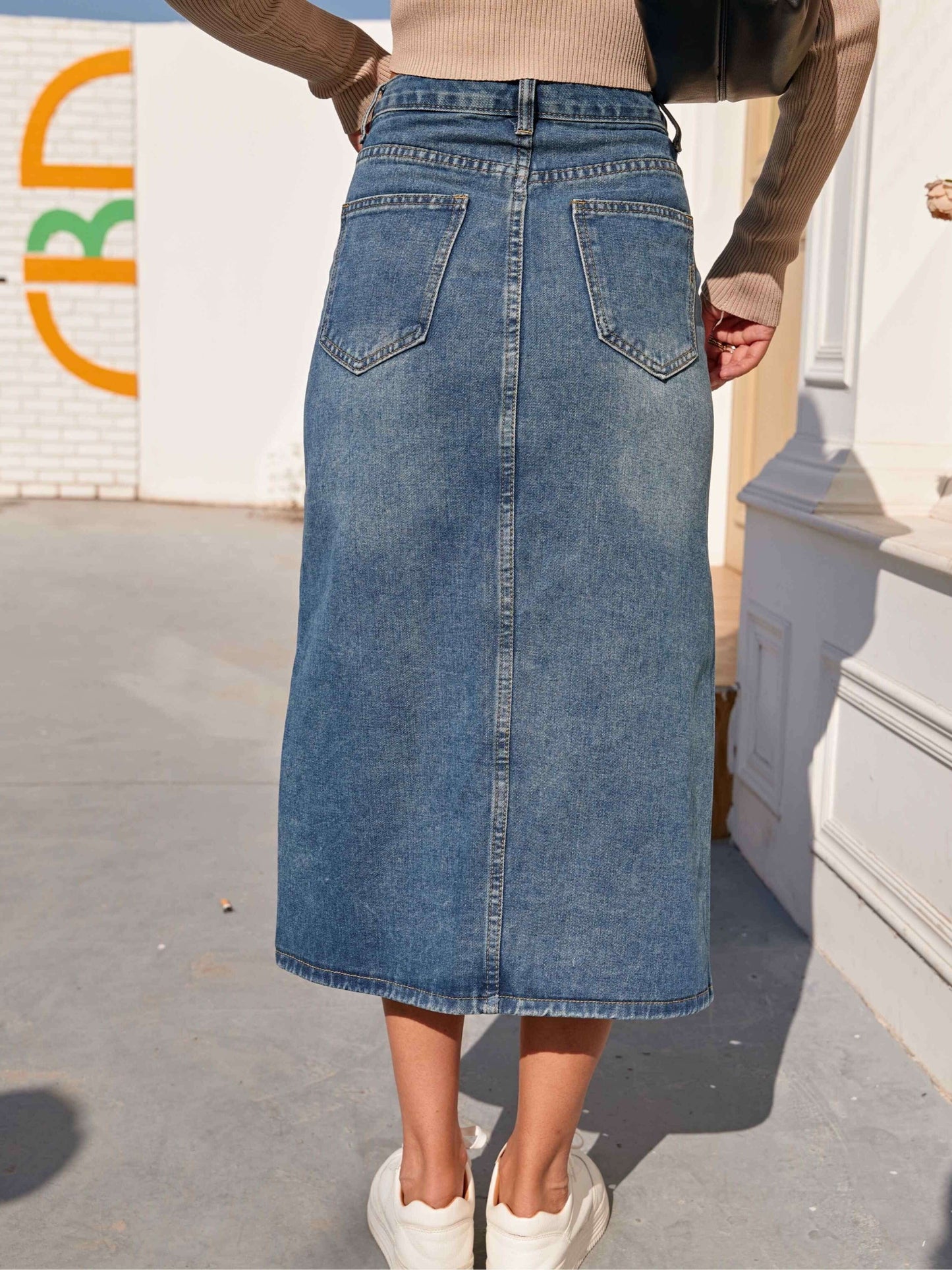 Feminine High Waist Blue Midi Denim Skirt