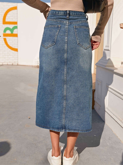 Feminine High Waist Blue Midi Denim Skirt