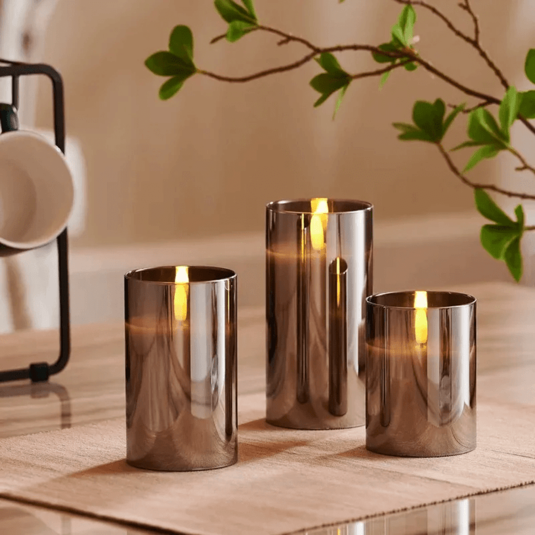 Set of 3 Authentic Faux Flame Candles in Clear Glass