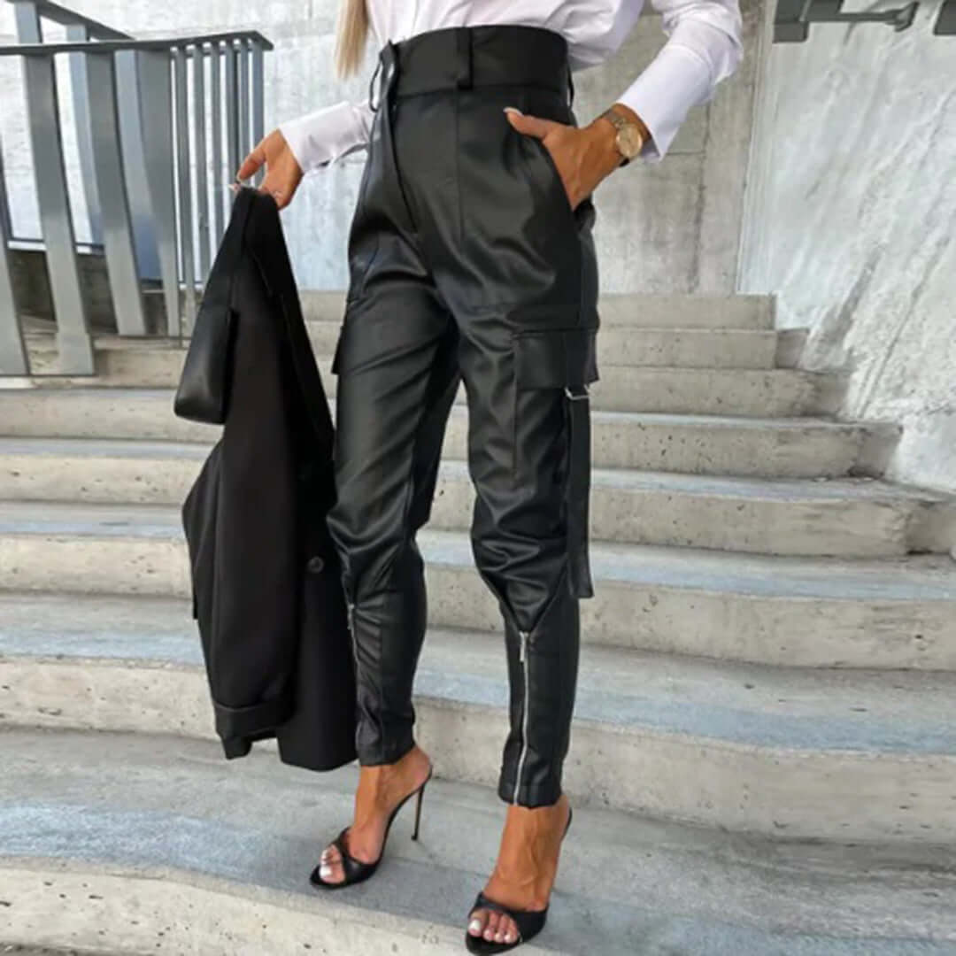 Ladies Synthetic Leather Combat Pants - Luxivelle