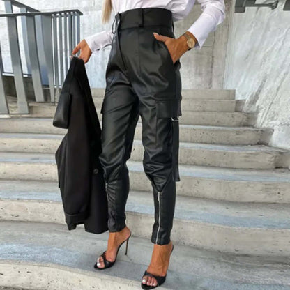 Ladies Synthetic Leather Combat Pants - Luxivelle