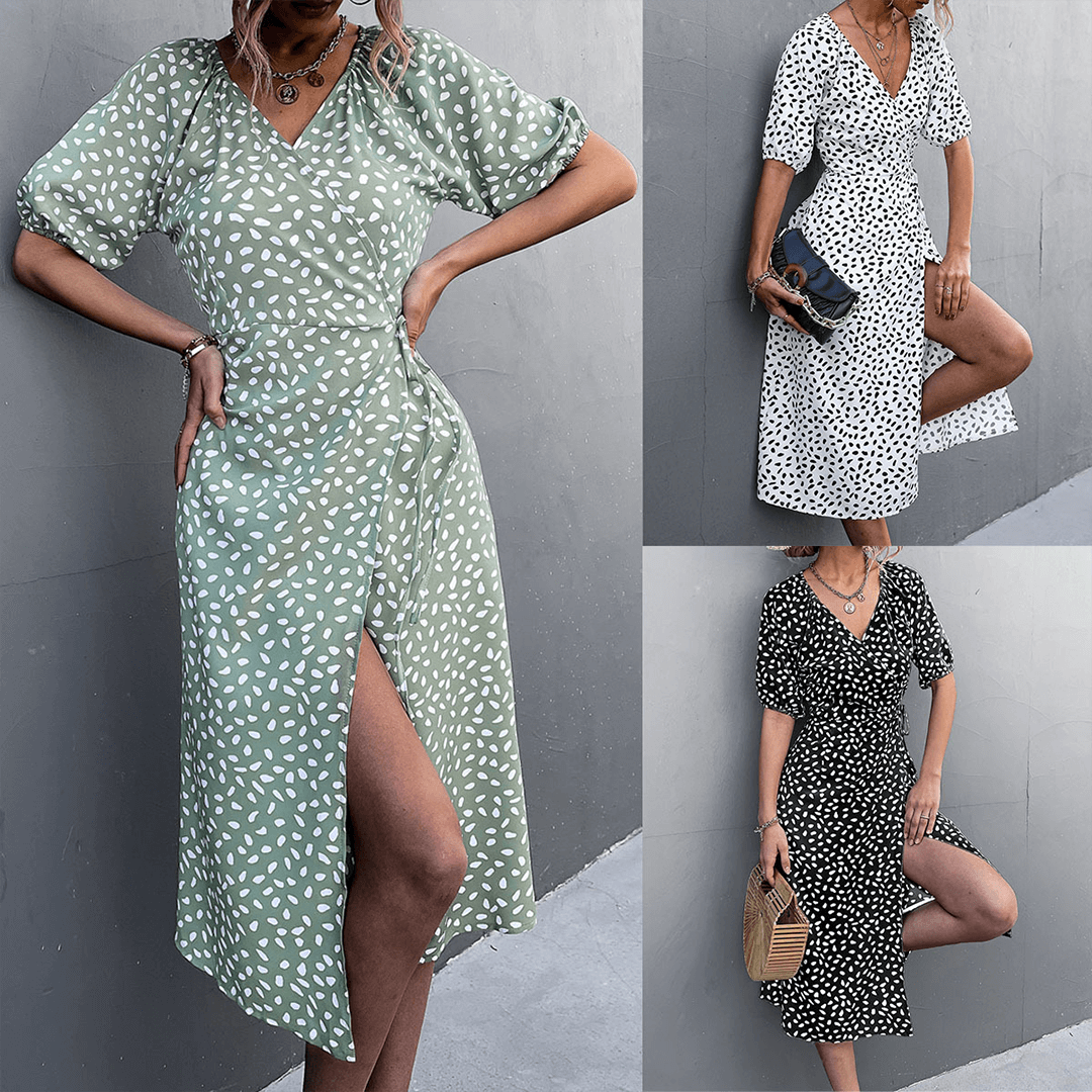 Spotted V Neck Wrap Around Dress - Luxivelle
