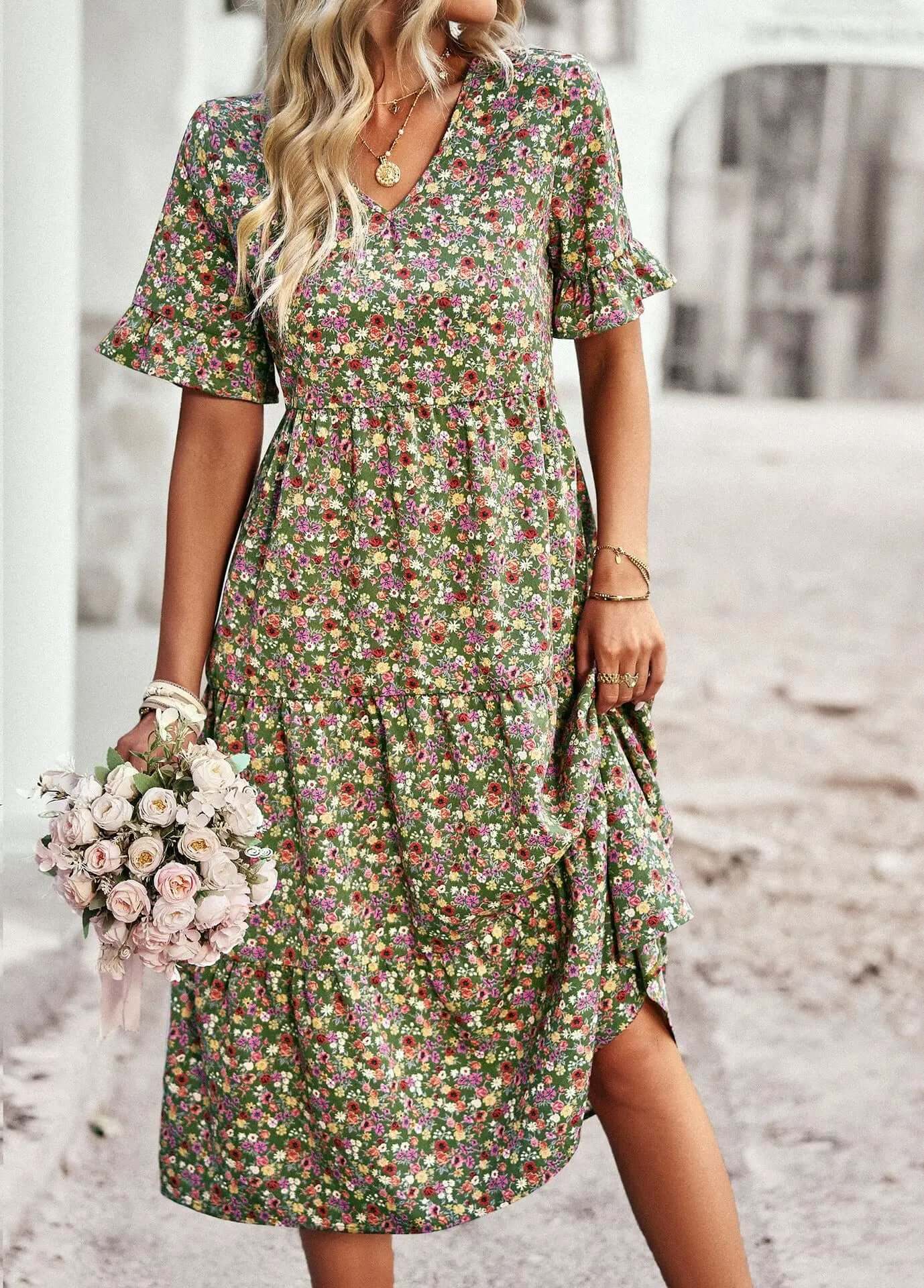 Pretty Patterned V Neck Dress