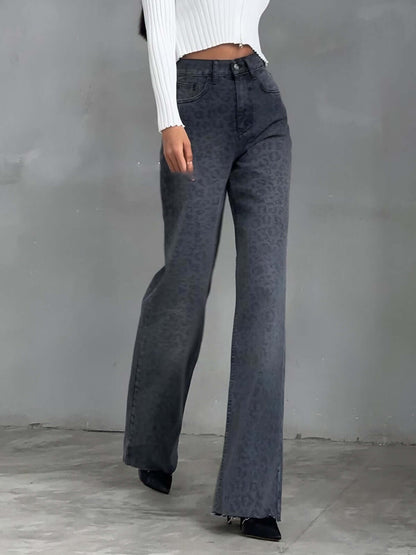 Fashionable Leopard Wide Leg High Waist Jeans - Luxivelle