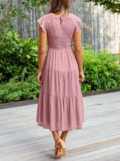 Ladies Floral Midi Dress with Ruffled Sleeves