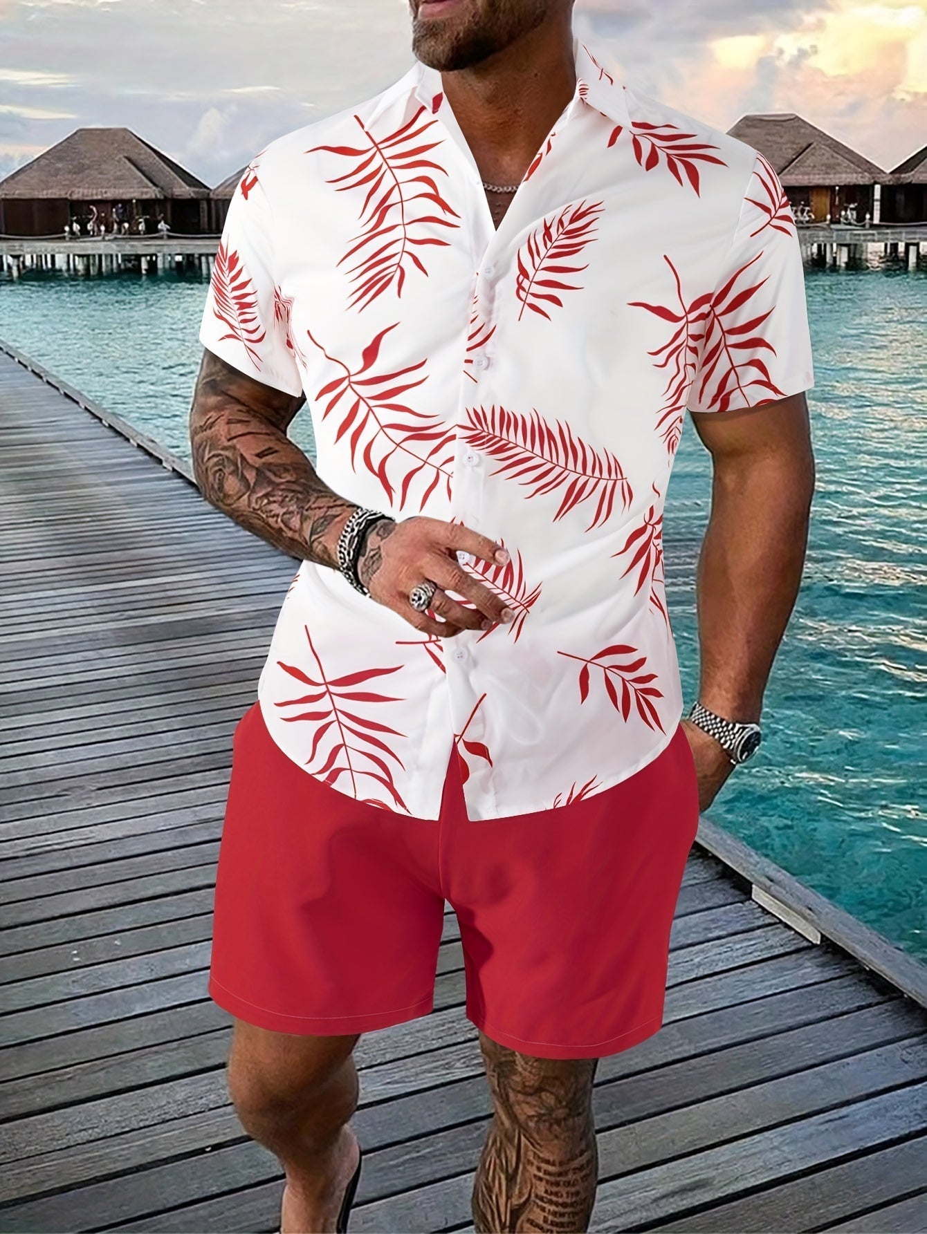 Casual Mens Short Sleeve Leaf Print Shirt