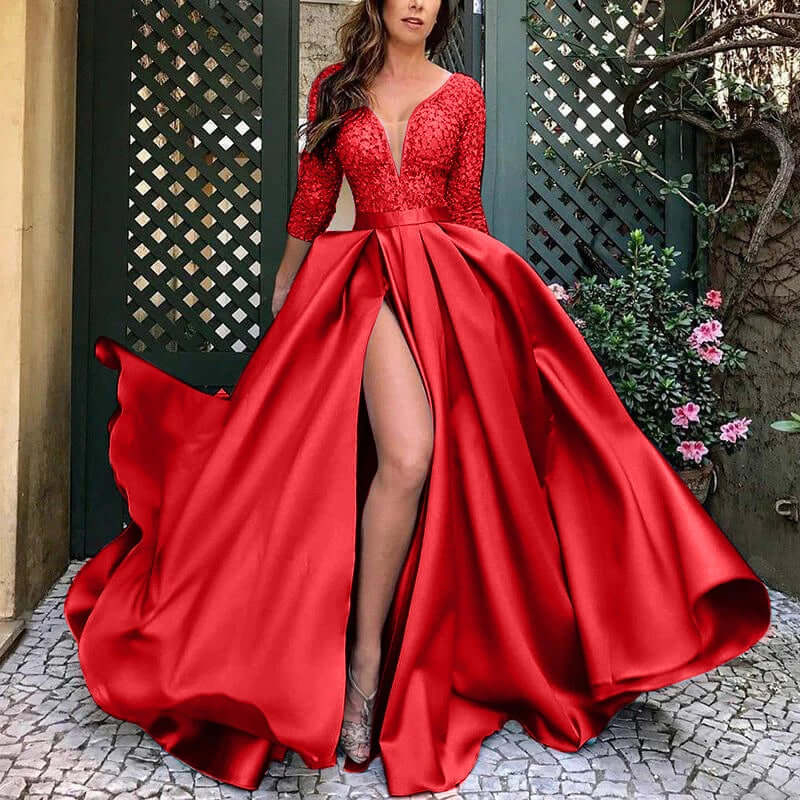Chic V Neck Lace Formal Dress with High Split