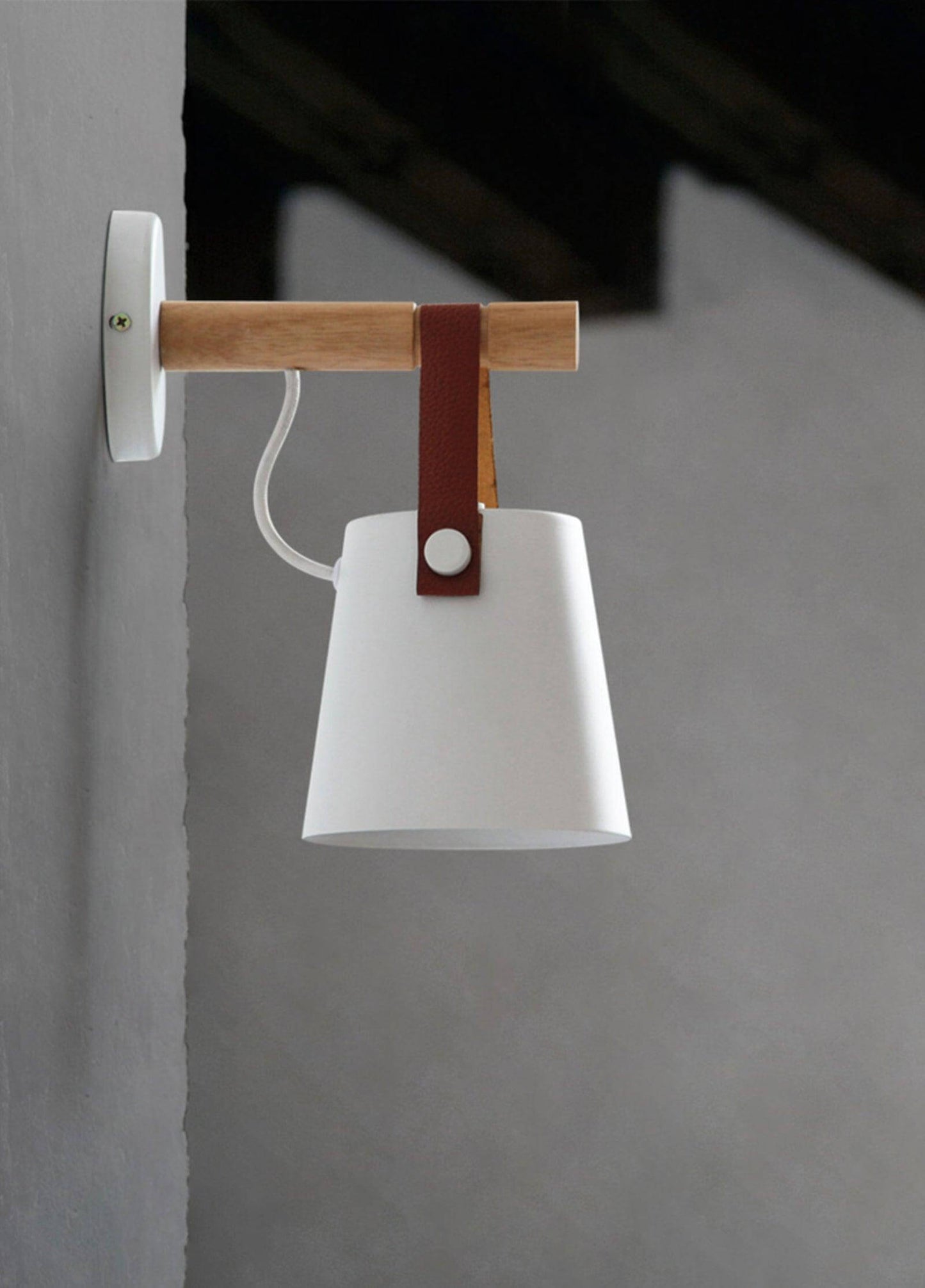 Rustic Wood Wall Lamp with Brown Leather Strap