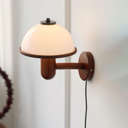 Rustic Wooden Fungi Wall Lamp with Cream Shade