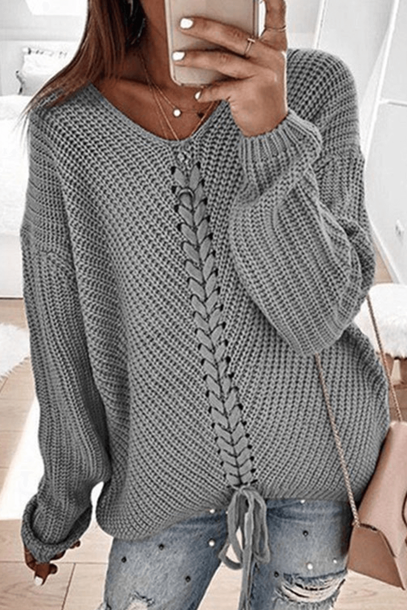 Casual Knit Sweater with Braided Trim - Luxivelle