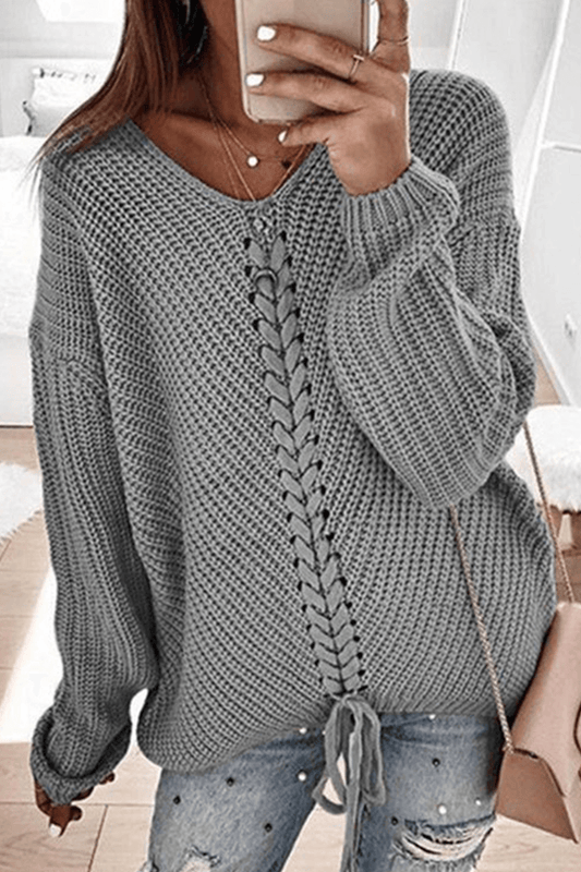 Casual Knit Sweater with Braided Trim - Luxivelle