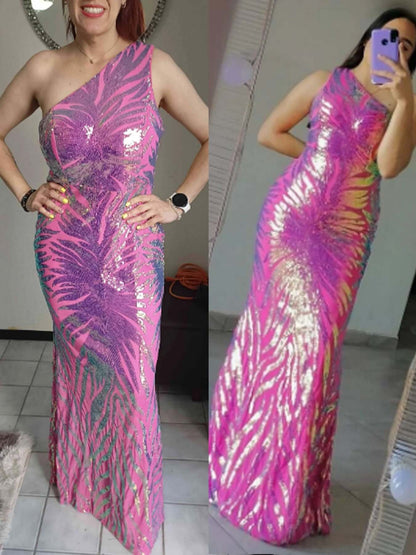 Glittering Asymmetrical Floor Length Prom Dress