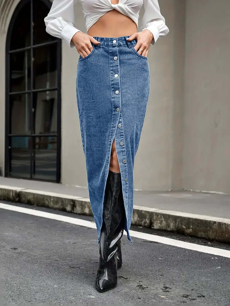 Women's Classic Mid Length Jean Skirt with Front Split