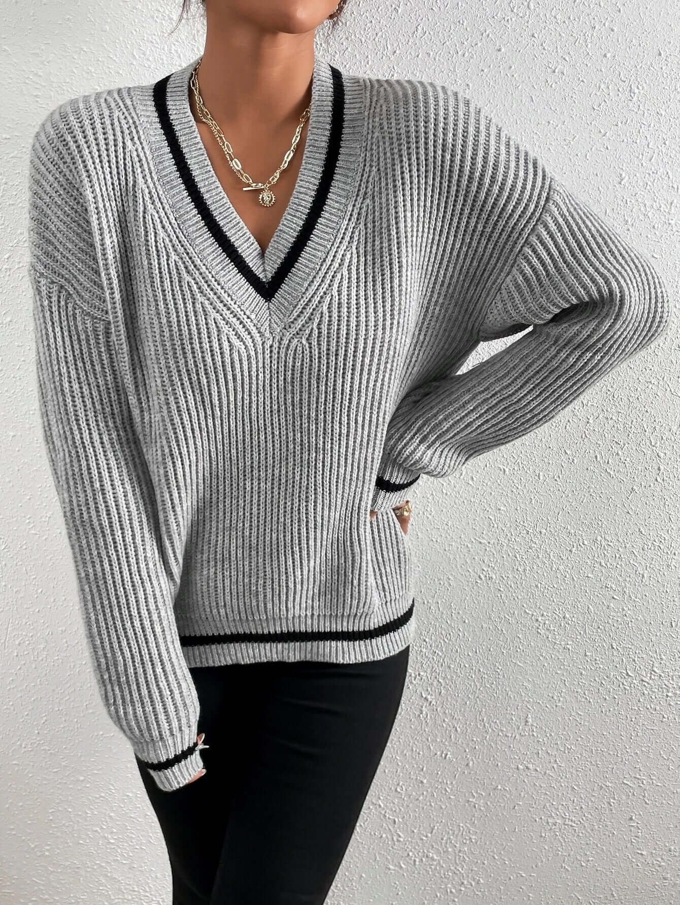 Casual Striped V Neck Loose Fit Sweater