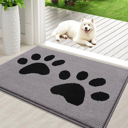 Absorbent dog door mat with non-slip backing, quick drying, chenille texture, ideal for trapping pet paws dirt and moisture.