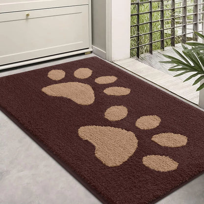 Absorbent dog door mat with non-slip backing, quick drying, chenille texture, ideal for trapping pet paws dirt and moisture.