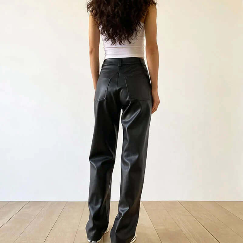 Classic High Waist Straight Leg Leather Jeans Pants