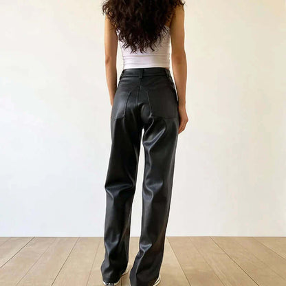 Classic High Waist Straight Leg Leather Jeans Pants