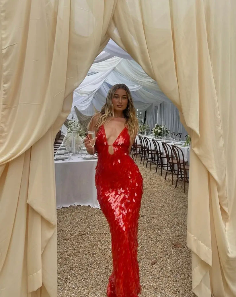 Sparkly Sequin Open Back Evening Dress