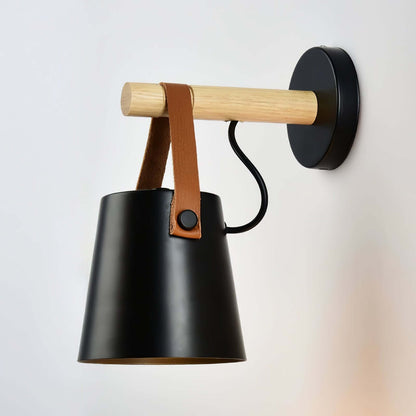 Rustic Wood Wall Lamp with Brown Leather Strap