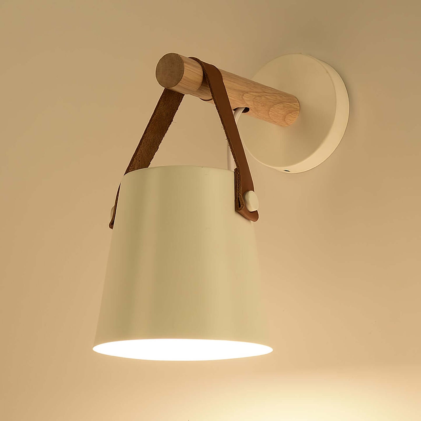 Rustic Wood Wall Lamp with Brown Leather Strap