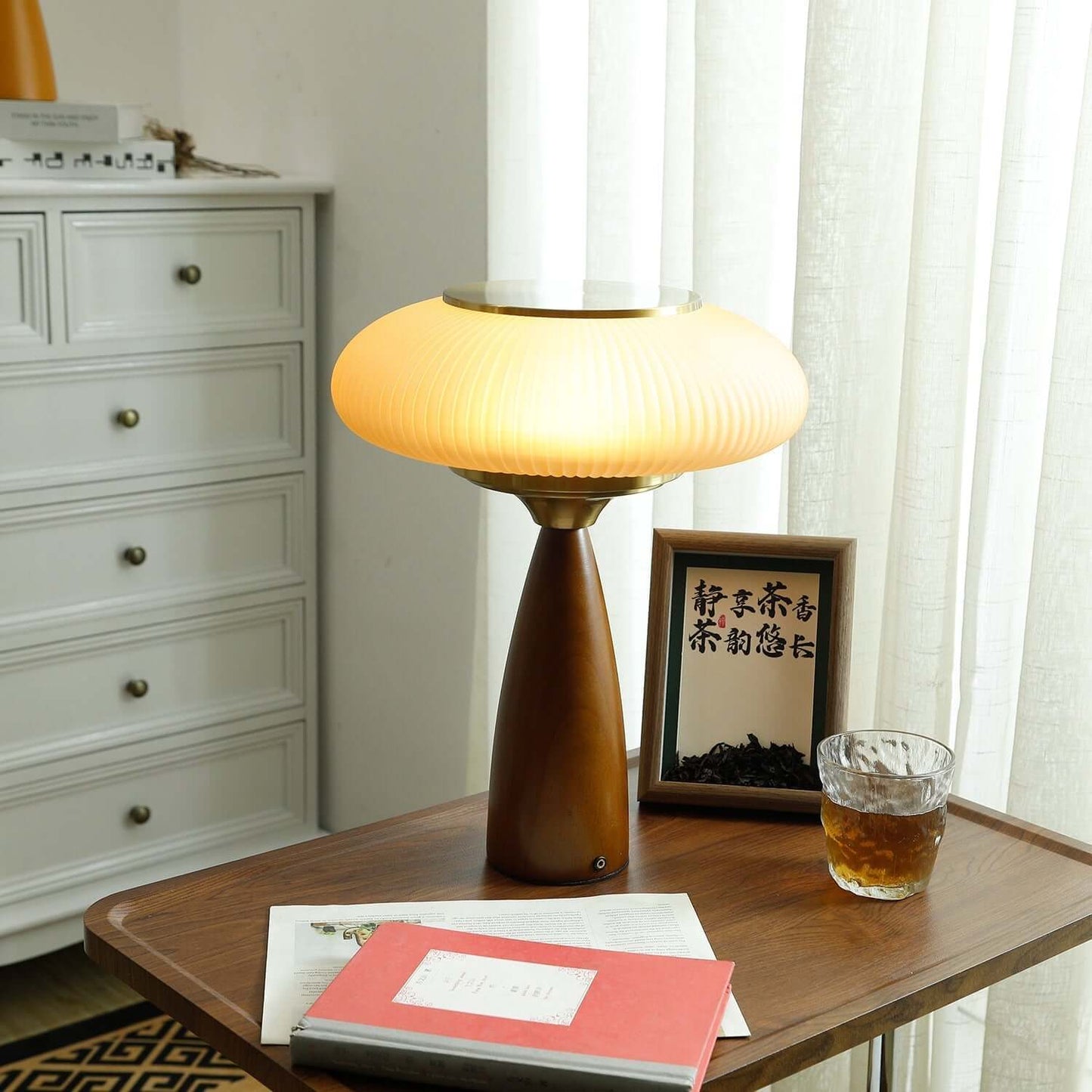 Small Glass Desk Lamp with Wood Base