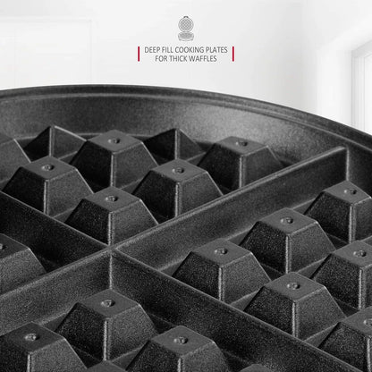 "Adjustable deep-fill non-stick Belgian waffle maker with temperature control, compact design, and easy-to-clean surface."