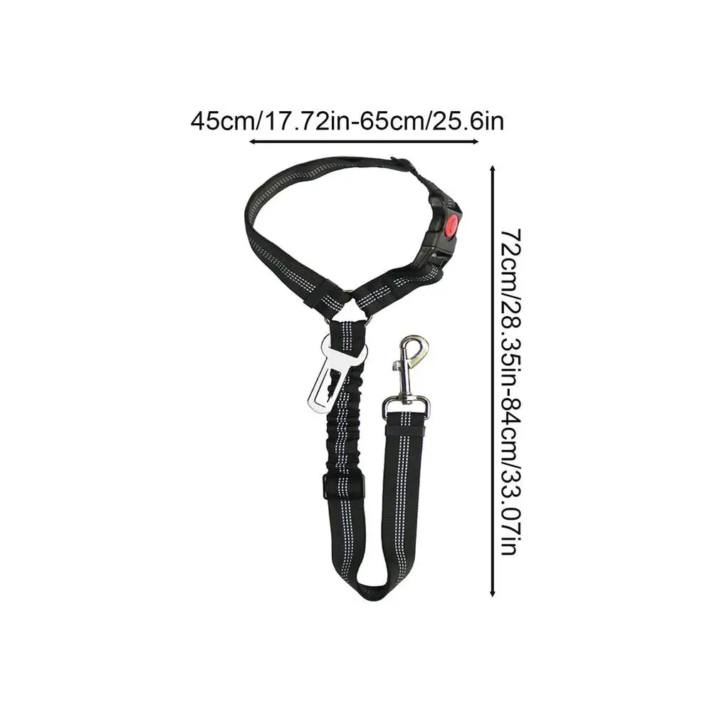 "Adjustable dog car seat belt providing safety, comfort, and tangle-free movement during car rides, easy to install."