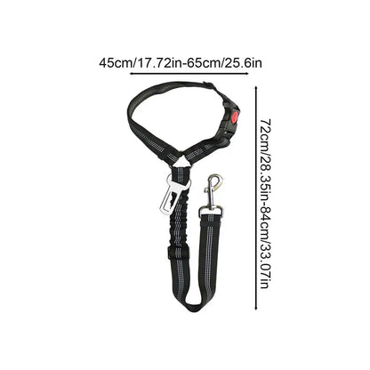 "Adjustable dog car seat belt providing safety, comfort, and tangle-free movement during car rides, easy to install."