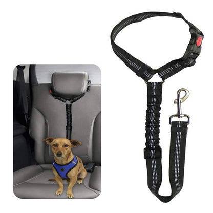 "Adjustable dog car seat belt providing safety, comfort, and tangle-free movement during car rides, easy to install."