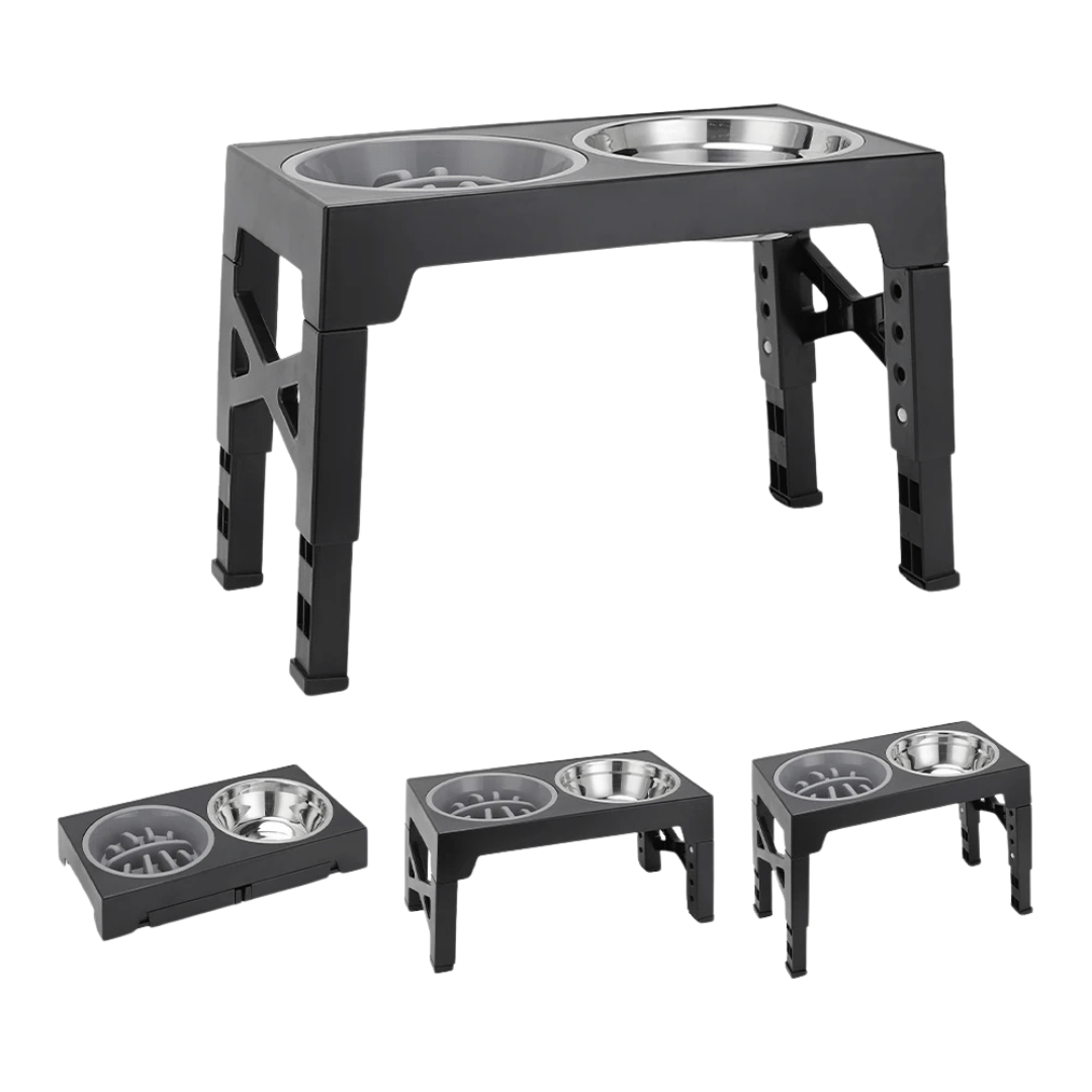 "Adjustable tilt raised dog bowl stand with stainless and slow-feed bowls, ergonomic design for comfortable pet feeding."