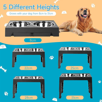 "Adjustable tilt raised dog bowl stand with stainless and slow-feed bowls, ergonomic design for comfortable pet feeding."