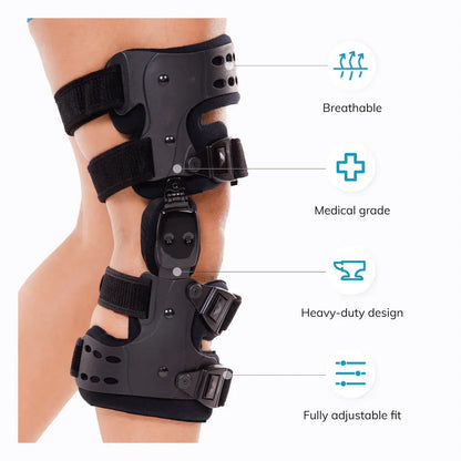 "Adjustable Unloader Knee Brace for Osteoarthritis, black with medial and lateral support, universal fit for men and women."