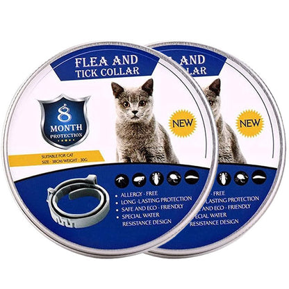 "Adjustable waterproof flea and tick collar for cats and dogs, featuring natural essential oils and eco-friendly design."