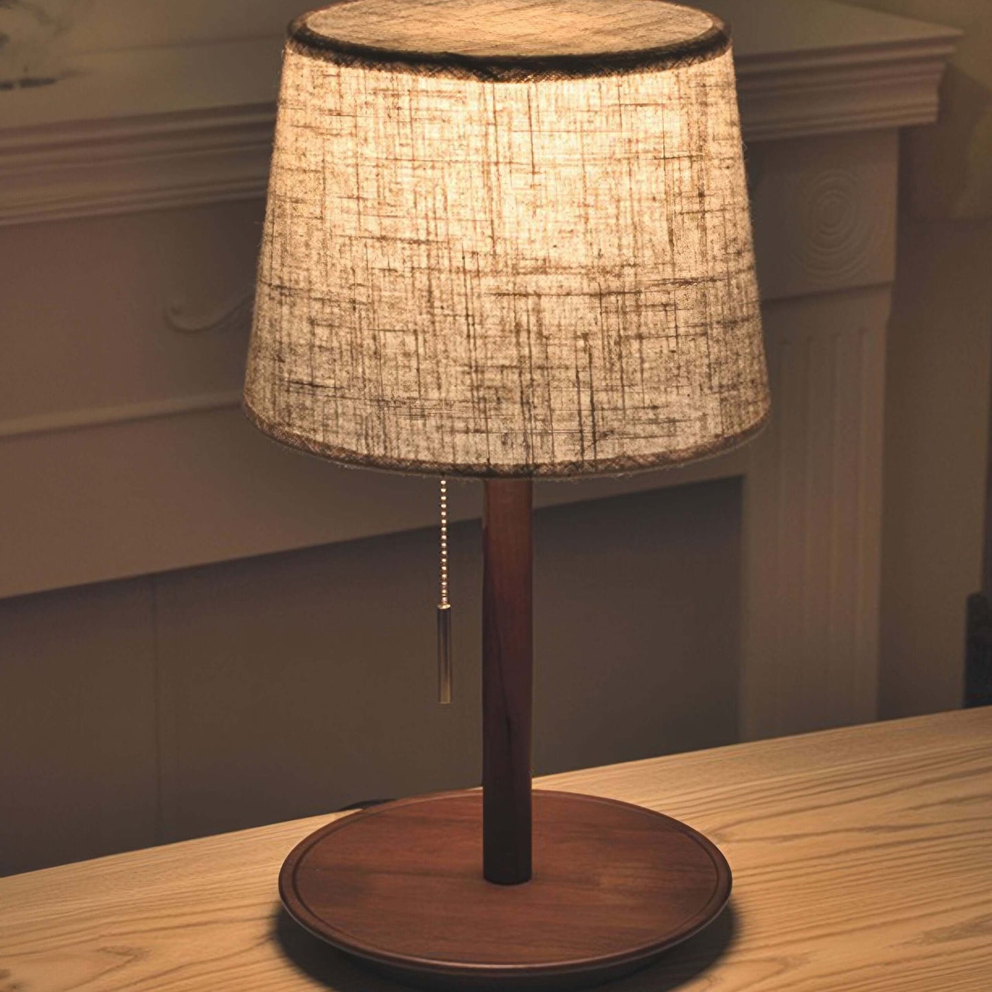 Rustic Brown Wooden Desk Lamp with Linen Shade