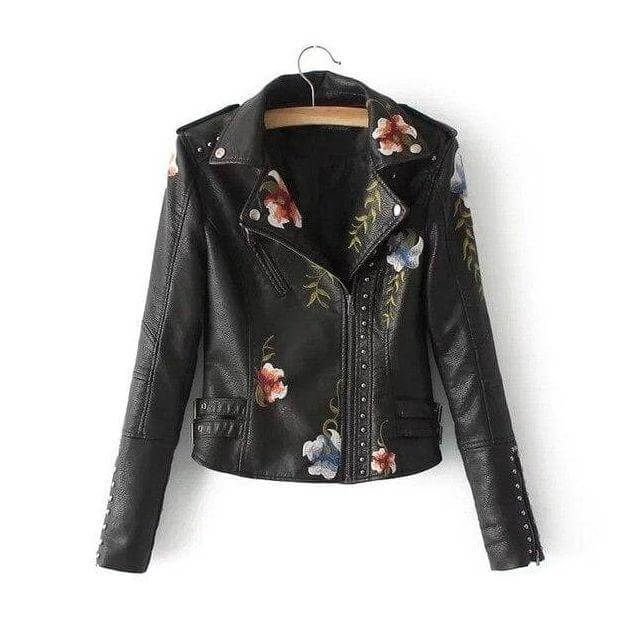 Ladies' Flower Pattern Faux Leather Coat - Luxivelle