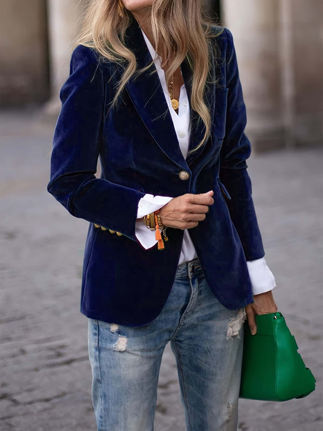 Ladies Emerald Velvet Jacket with Shiny Gold Buttons