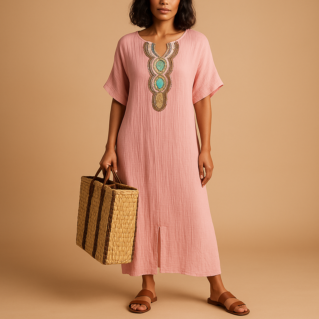Women’s kaftan dress with airy fabric and flowing silhouette, perfect for summer beach outings or elegant occasions.