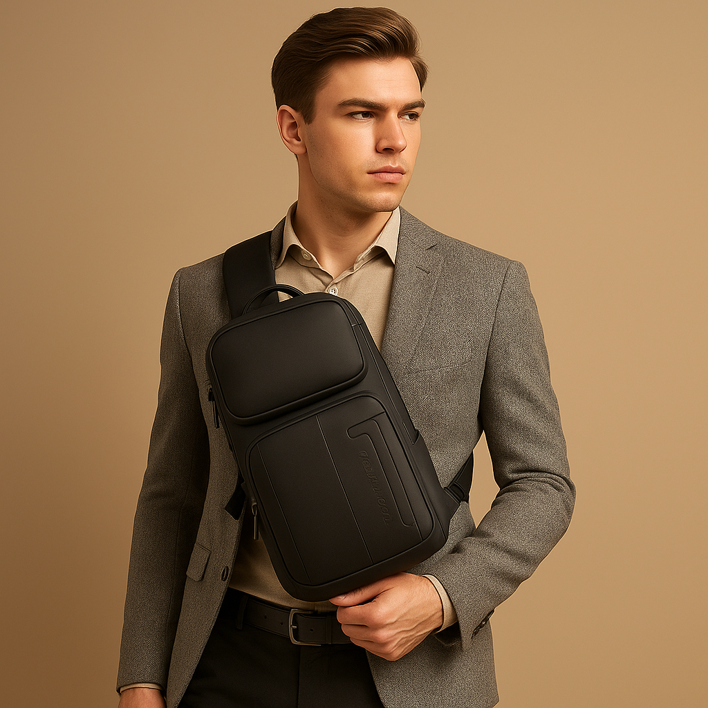 Anti-theft tech crossbody bag for men with RFID protection, shock-absorbing laptop sleeve, hidden compartments, and water-resistant design—ideal for travel and work.