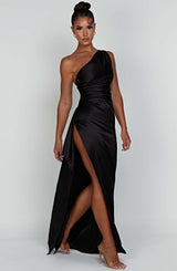 Sleek Satin One Shoulder Evening Bodycon Dress