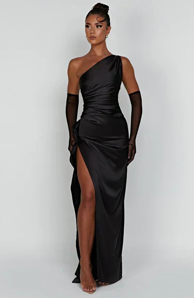 Elegant Satin Off Shoulder Maxi Dress with High Slit