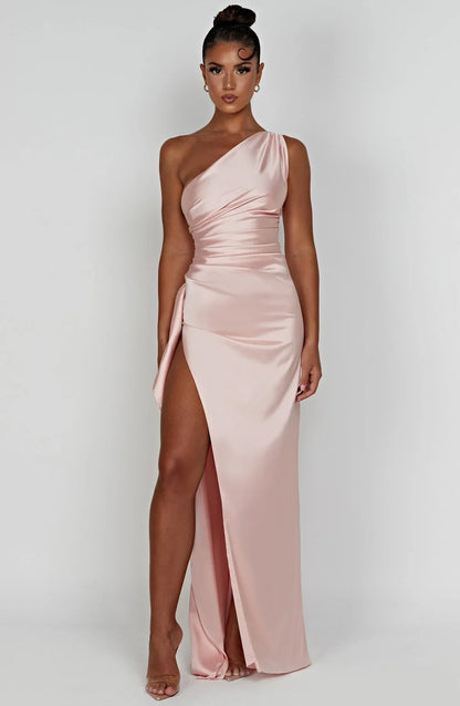 Ava | One Shoulder Pleated Split Satin Dress